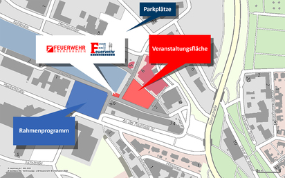 Stadtplan auf dem die Veranstaltungsfläche und die Fläche des Rahmenprogramms eingezeichnet sind.