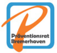 Logo des Präventionsrates Bremerhaven: Quadrat mit blauem Rand, in der Mitte ein großes geschwungen geschriebenes "P" in oranger Schrift. Im unteren Drittel die Worte "Präventionsrat Bremerhaven"