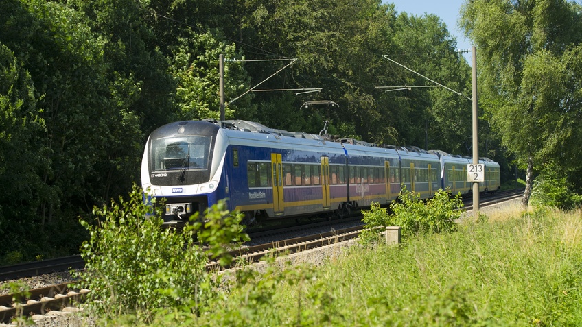 Ein Regionalzug fährt durch die Landschaft.