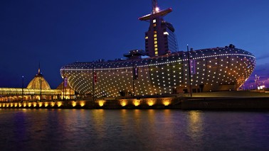 Exterior view at night from the Klimahaus Bremerhaven