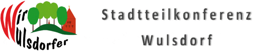 Logo der Stadtteilkonferenz Wulsdorf: Schriftzug "Wir Wulsdorfer" halbrund von oben links nach unten rechts, darüber eine Wurth (Erhöhung) auf der Bäume und eine Kirche stehen