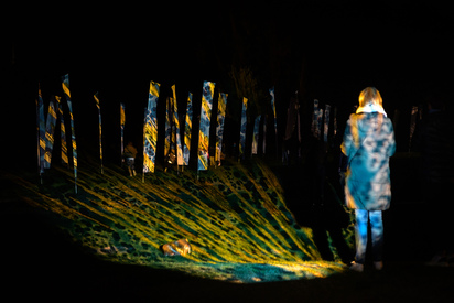 Lichtinstallation auf einer Wiese mit beleuchteten Fahnen und einer Frau im Vordergrund