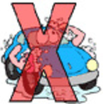 Comic-Zeichnung eines sich selbst waschenden Autos, quer durch das Bild ist ein rotes "X" geschrieben, welches das Verbot symbolisieren soll