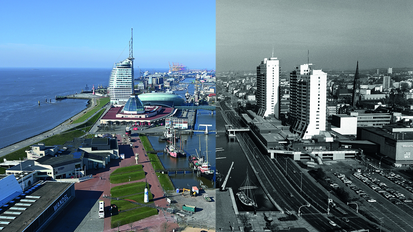 Das Foto zeigt den Blick vom Radarturm in Richtung Alter und Neuer Hafen und ist eine Zusammenstellung einer Aufnahme von Johannes Fleck aus dem Jahr 1979 und einer aktuellen Fotografie von Leon von Hassel .