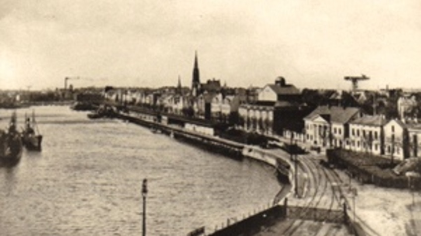 Historic image of a harbor area.