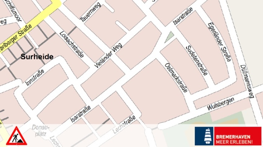 Stadtkartenausschnitt mit verschiedenen Straßen u. a. Sudetenstraße