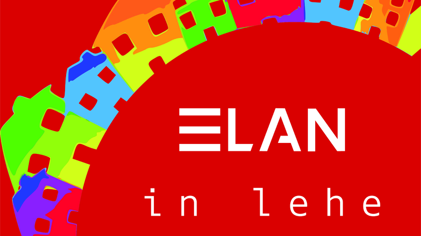 Gezeigt wird das Projektlogo des ELAN-Projektes. Vor rotem Hintergrund ist ein Halbkreis bunter, gemalter Häuser zu sehen, der sich durch das Bild zieht. Unterhalb des Halbkreises steht der zweizeilige Schriftzug "ELAN - in lehe".