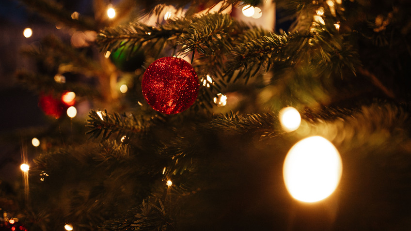Eine Christbaumkugel hängt an einem Weihnachtsbaum. 