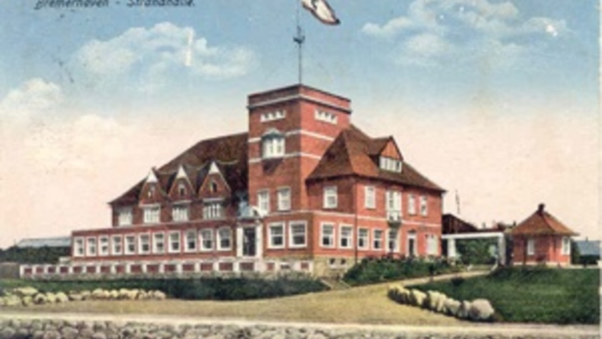 A beach hall depicted on a postcard.