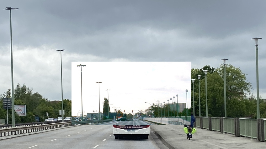 Fotomontage zwischen beiden Beleuchtungsvarianten auf der Brücke Stresemannstraße. Im Vordergrund die neuen LED-Leuchten