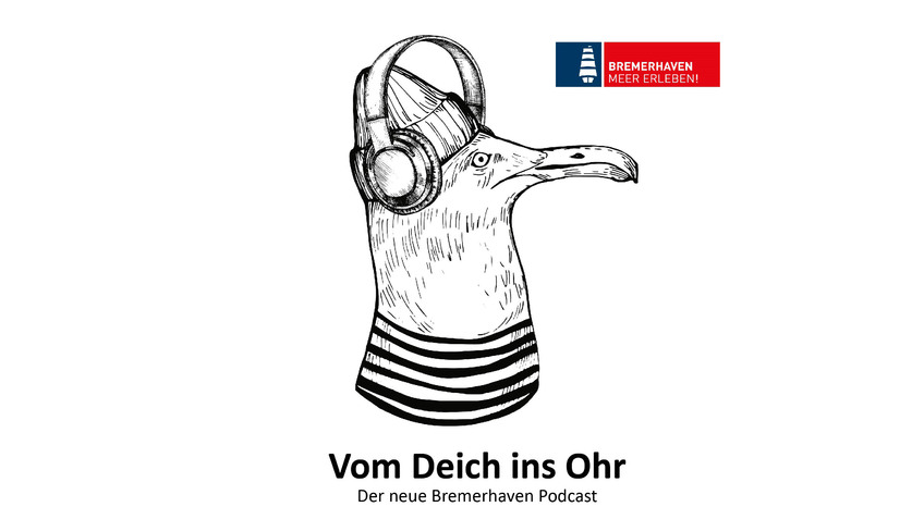 Die Möwe mit Kopfhörern zeigt es an: So steht der Podcast "Vom Deich ins Ohr - der neue Bremerhaven-Podcast" in den Streamingdiensten