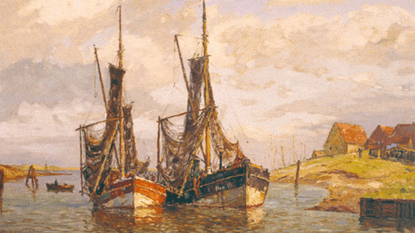 Ein Gemälde mit Schiffen.
