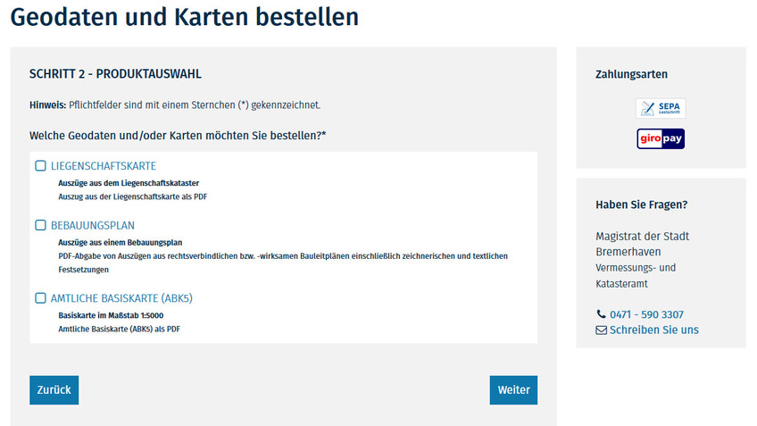 Screenshot der Bestellwebseite auf bremerhaven.de