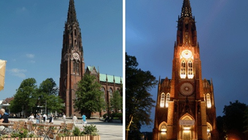 Tag- und Nachtansicht einer Kirche.