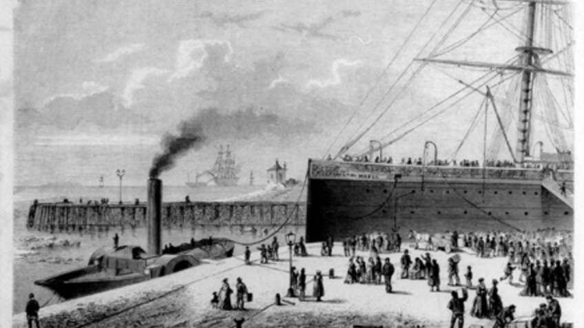 Historisches Bild mit Schiffen.