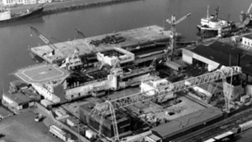 Aerial view of a shipyard.