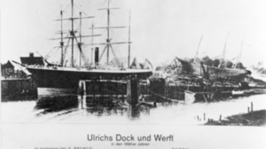 Historical image of a shipyard.