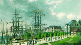 kolorierte Lithographie des Alten Hafens aus dem Jahr 1845