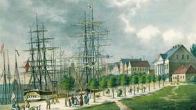 Die kolorierte Lithografie zeigt den Alten Hafen um das Jahr 1845.