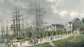 Die Abbildung zeigt eine Lithographie „Bremerhaven“ von Georg Weinhold aus der Zeit um 1845.