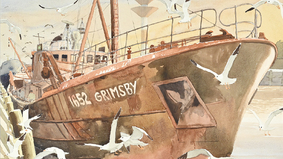 Aquarell von Michael Wolff aus dem Jahr 1993, auf dem er den Fischdampfer GRIMSBY dargestellt hat
