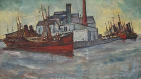 Sie sehen ein Foto eines Gemäldes von Willi Ohler (1888-1975), das den Fischereihafen zeigt (Öl auf Leinwand, 1932).