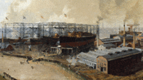 An oil painting from a shipyard.