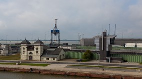 View of a lock in a harbor area.