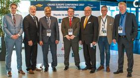 Cruise Europe Conference in Bremerhaven: Robert Howe (bremenports), Michael McCarthy (Cruise Europe), OB Melf Grantz, Jens Skrede (Cruise Europe), Staatssekretär Uwe Beckmeyer (BMWi), Veit Hürdler (CCCB), Dr. Ralf Meyer (Wirtschaftsreferat)(v.l.n.r).