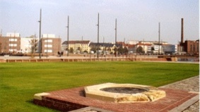 View of a landscaped green space.