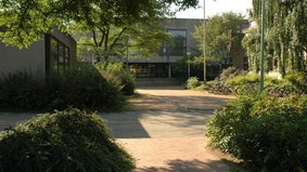 Im Hintergrund ist der Haupteingang des Schulzentrums Geschwister Scholl - Gymnasiale Oberstufe zu sehen. Im Vordergrund stehen einige Bäume und Büsche.