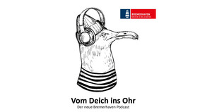Die Möwe mit Kopfhörern zeigt es an: So steht der Podcast "Vom Deich ins Ohr - der neue Bremerhaven-Podcast" in den Streamingdiensten