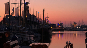 Der Neue Hafen mit Segelschiffen bei einem leicht lilanen schimmernden Sonnenuntergang. 