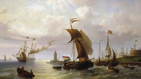 Historisches Bild mit Schiffen.