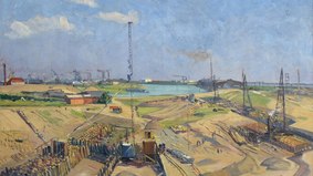 Das Foto zeigt das Gemälde „Bau der Nordschleuse Bremerhaven“ von Paul Ernst Wilke aus dem Jahr 1929.