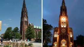 Day and night view of a church.