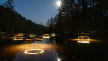 Lichtkreise bei Nacht auf einem See. Bäume umstehen den See, der Mond scheint.