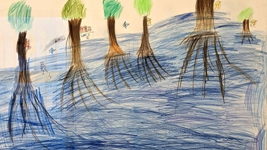 Kinderzeichnung: Bäume, die in Wasser wurzeln