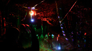Fußweg im Park mit großer Discokugel, die über dem Weg hängt. Bunte Strahlen beleuchten die Besucher und den Wald. 
