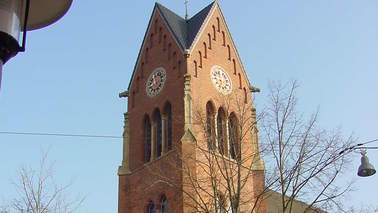 A church with steeple.