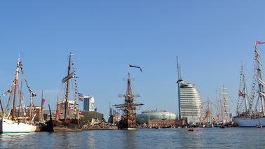 View from the water on sailing ships, Climate House and Atlantic Hotel Sail City