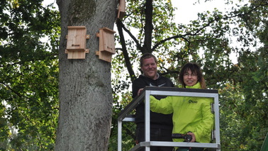Herr Wrede und Frau Seedorf im Steigerkorb in 4 m Höhe zeigen stolz die drei neuen Fledermauskästen
