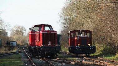 Zwei historische Loks fahren auf Gleisen durch ein Waldgebiet.