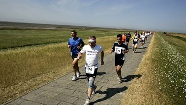 Läufer laufen auf einem Weg mitten in der Dünenlandschaft.