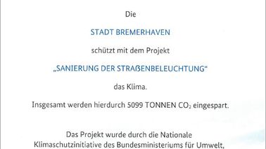 Zertifikat der nationalen Klimaschutzinitiative für die Stadt Bremerhaven