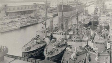 View of a shipyard where ships lie.